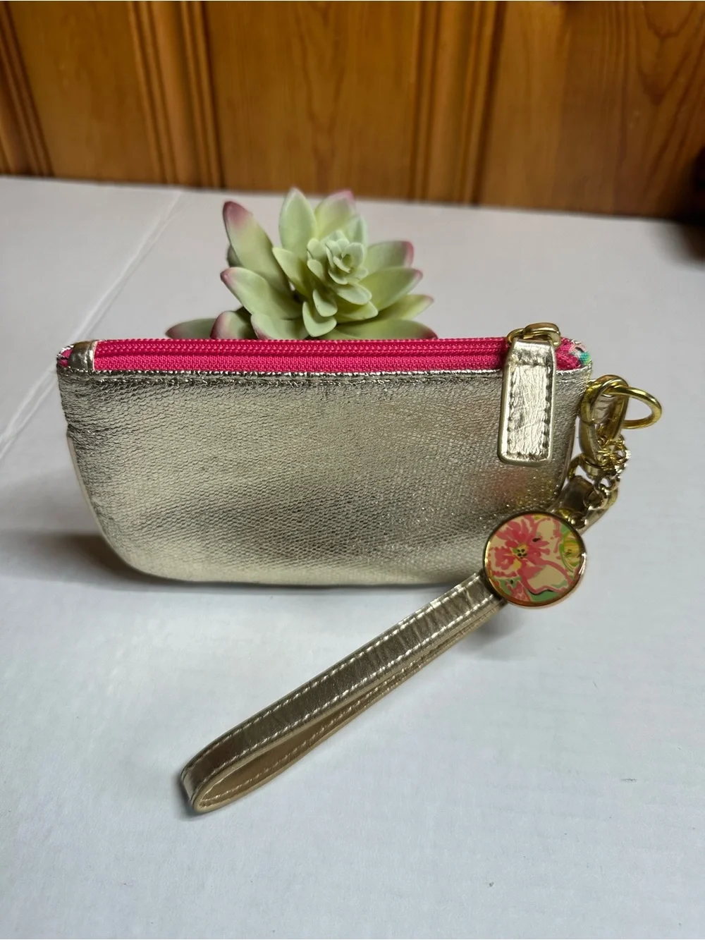 Gold Wristlet Coin Purse with Floral Charm